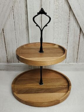 Two-Tiered Wooden Tray Wooden Stand with Black Metal Handle